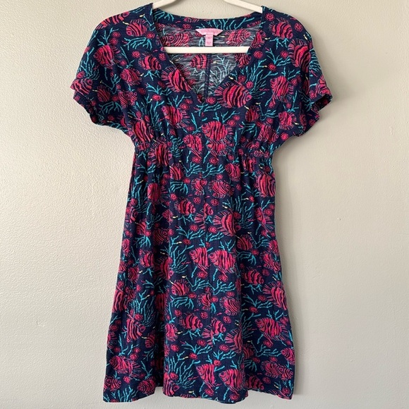 Lilly Pulitzer V Neck Cotton Mini Dress - Jammin Fish - Picture 1 of 4